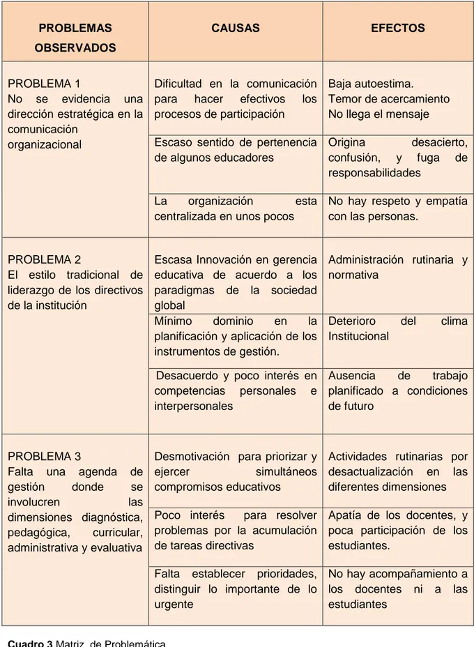 Cuadro 3 Matriz  de Problemática                                                                                                                   Fuente: Elaboración propia de la Investigadora                                                               