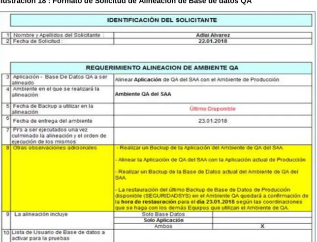 Ilustración 18 : Formato de Solicitud de Alineación de Base de datos QA 