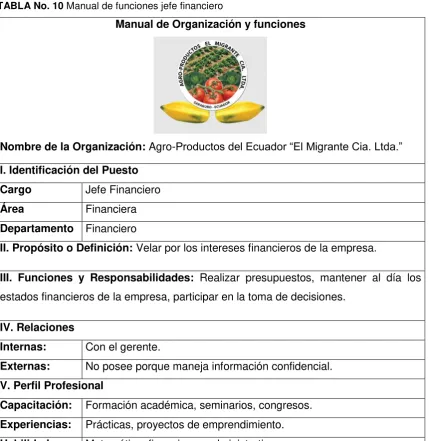 TABLA No. 10 Manual de funciones jefe financiero 
