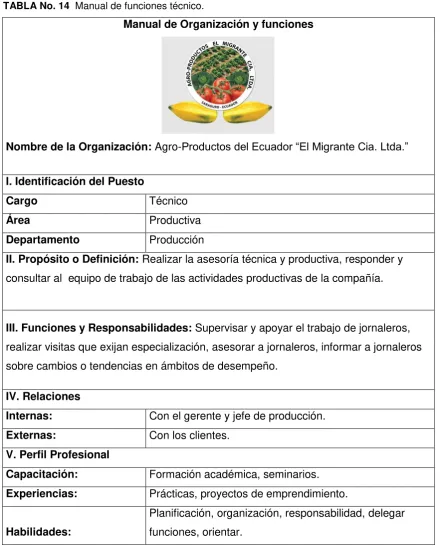 TABLA No. 14  Manual de funciones técnico.  