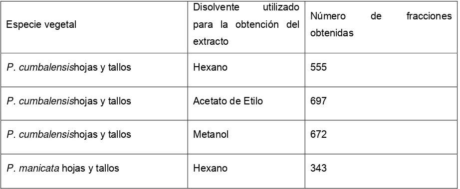 Tabla 6. Número de fracciones obtenidas en el fraccionamiento por cromatografía en columna de los 