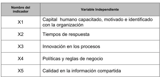 Tabla 1. Indicadores de la variable independiente 
