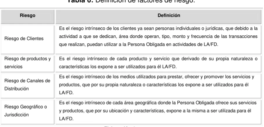 Tabla 6: Definición de factores de riesgo. 