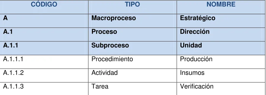 Figura No7 Tabla de codificación de procesos 