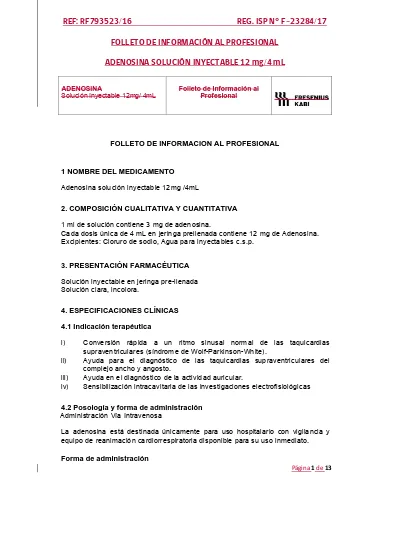 FOLLETO DE INFORMACIÓN AL PROFESIONAL. ADENOSINA SOLUCIÓN INYECTABLE 12 ...