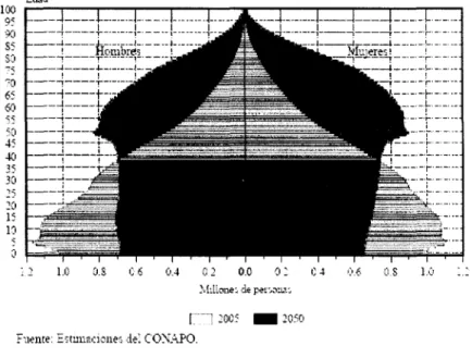 Figura No. 6 Pirámides de Población a mitad de año, 2005 y 2050 