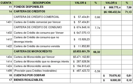 Tabla 2. Representatividad del  activo. 