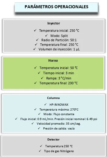 Figura 10. Parámetros operacionales para la columna HP-INNOWAX  acoplada a espectrometría  