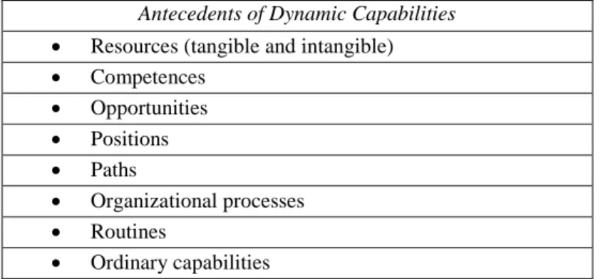 Table 3. Antecedents of Dynamic Capabilities According to main Definitions