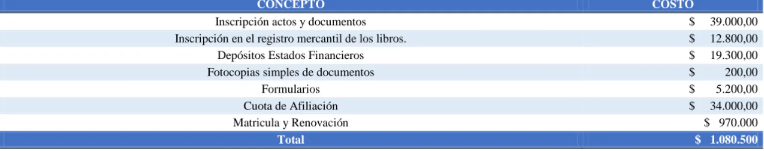 Tabla 6. Costos Matrícula Mercantil 