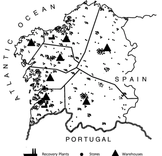 Figure  3.1  Geographical location of Galicia, current depots and collection points. 