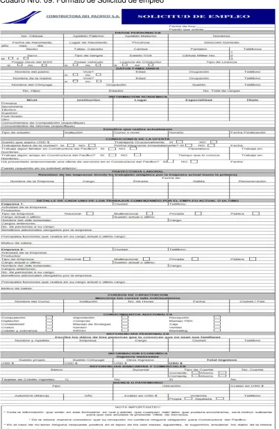 Cuadro Nro. 09: Formato de Solicitud de empleo 