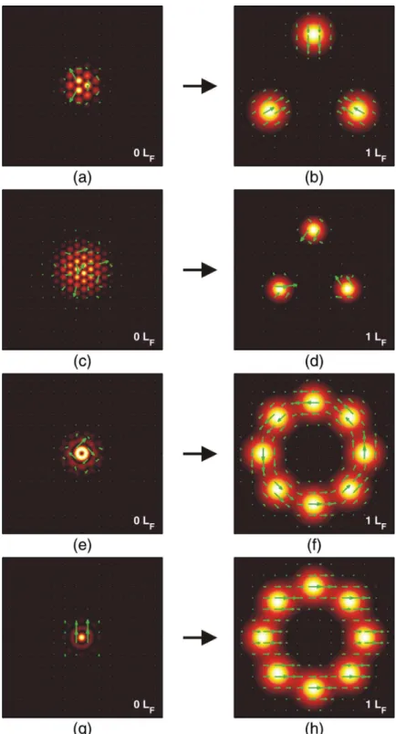 Figure 3.3: Propagation of the transverse intensity distribution and electric field for circularly polarized gVHzG beams, constructed with a finite superposition of vector Gaussian beams