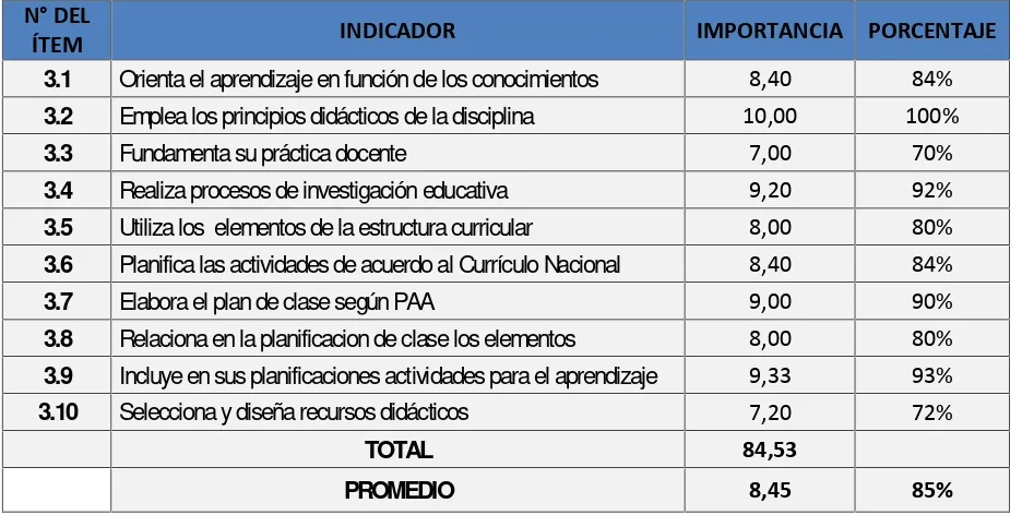 Tabla No.8. Nivel de importancia del desempeño profesional