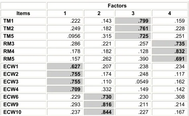 Table 9. Factor analysis loadings for TM, RM, ECW. 
