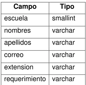 Tabla 12: Propiedades de la nueva tabla requerimientos. 