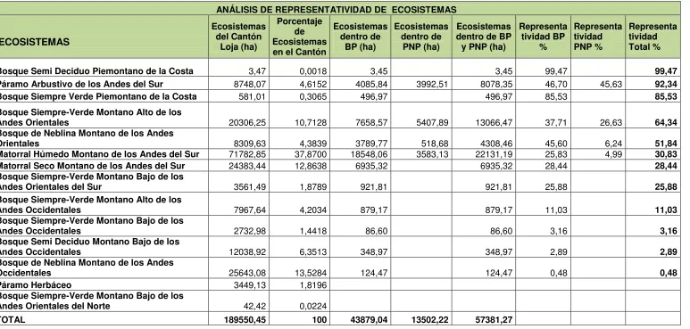 Tabla 10. Análisis de representatividad de Ecosistemas en el cantón Loja 