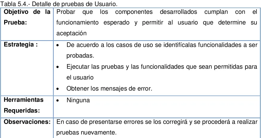 Tabla 5.3.- Detalle de pruebas de seguridad. 
