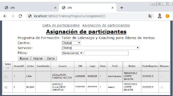 Ilustración 32. Asignación de usuario a programa de formación. 