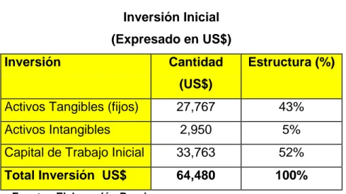 Cuadro Nº 17.1  Inversión Inicial  (Expresado en US$)  Inversión   Cantidad   (US$)  Estructura (%) 