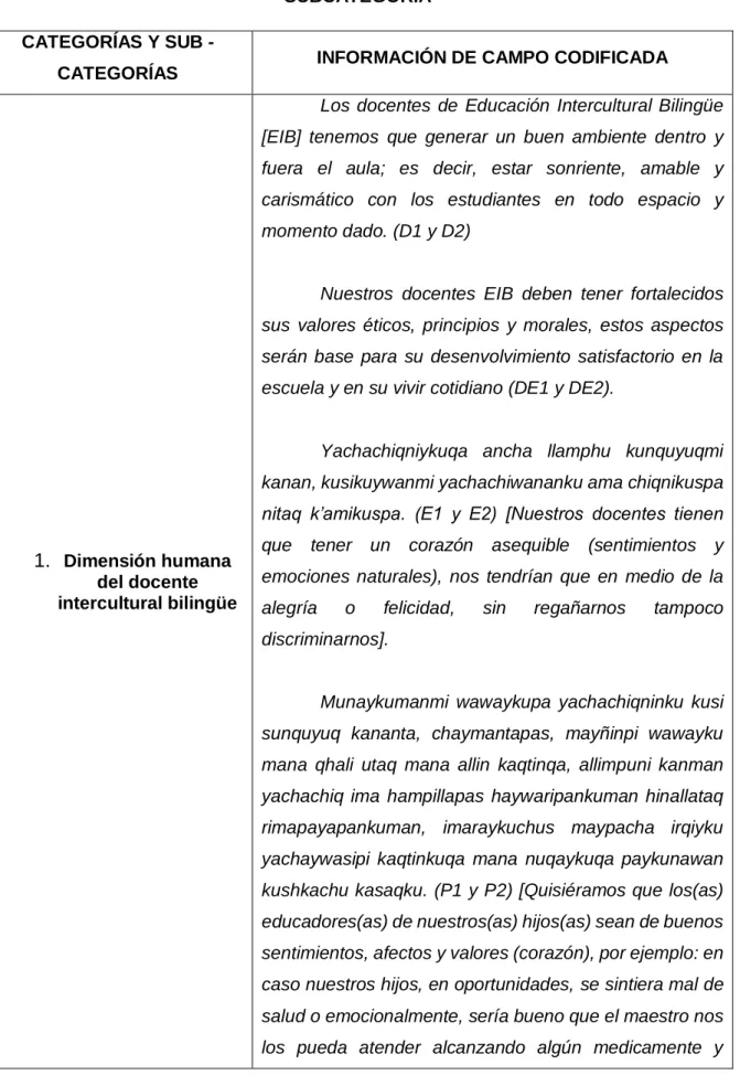 CUADRO DE CODIFICACIÓN DE LA INFORMACIÓN SEGÚN LA CATEGORÍA –  SUBCATEGORÍA 