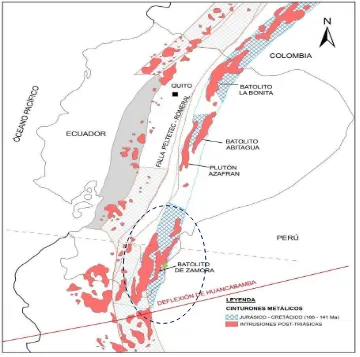 Figura 5. La Cordillera del Cóndor relacionado al Arco Volcánico Misahuallí e Intrusivos tipo I del cinturón metálico del Jurásico-Cretácico de la Zona Subandina