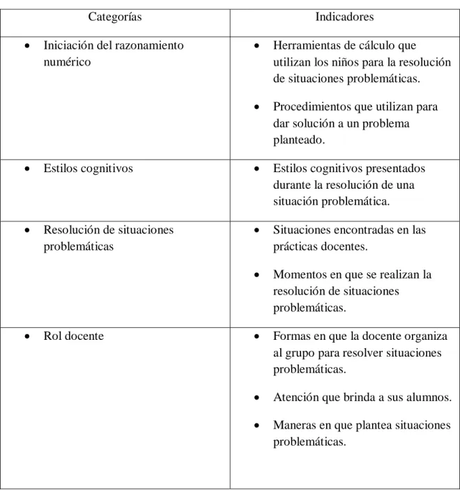 Cuadro de categorías e indicadores para guía de observación 
