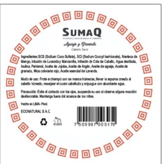 Figura 6. Etiqueta al reverso del envase del champú solido Sumaq de Aguaje y Granada para  cabello seco
