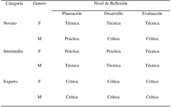 Tabla general de niveles de reflexión por categorías 