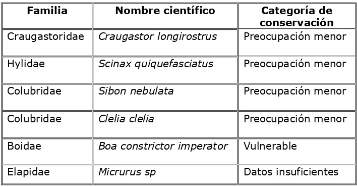 Tabla Nº 6. Especies registradas fuera de transectos y su categoría de conservación. 