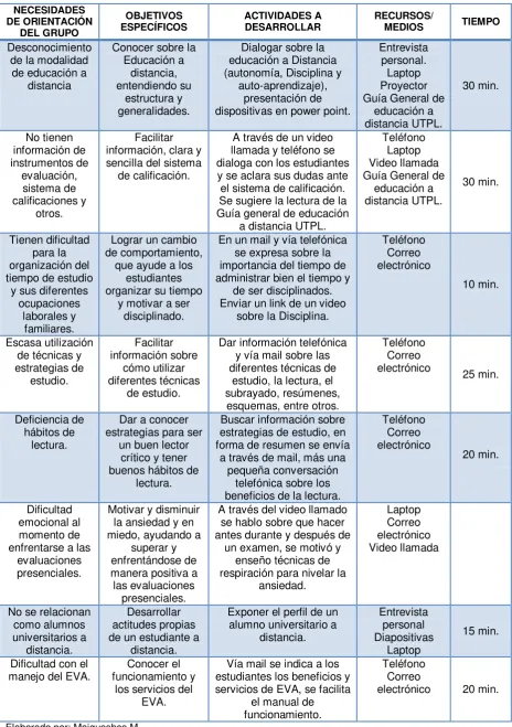 Tabla 3: Plan de orientación y mentoría para el grupo.