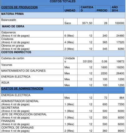 Tabla 8. Costos Totales Año 2014 