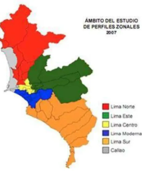 Figura 3. División Geográfica de Lima Metropolitana. Adaptado de “Perfiles zonales de la gran Lima” (“Ipsos APOYO”, 2009) 