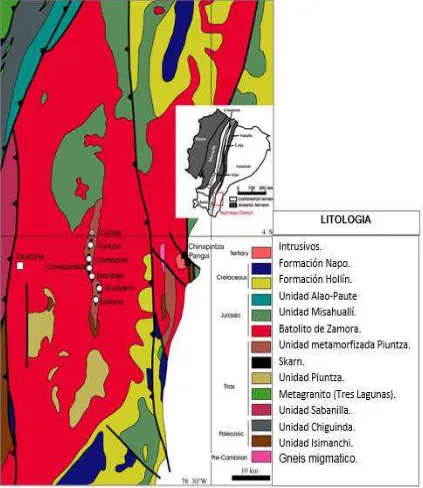 Figura 3. Geología del Distrito aurífero de Nambija. Fuente: (Paladines, 2010) Modificado: Autor 
