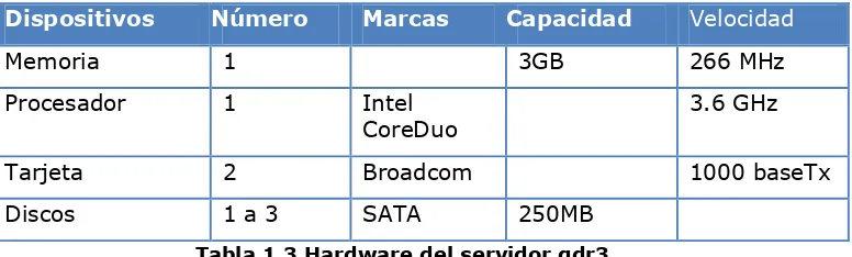 Tabla 1.3 Hardware del servidor gdr3 