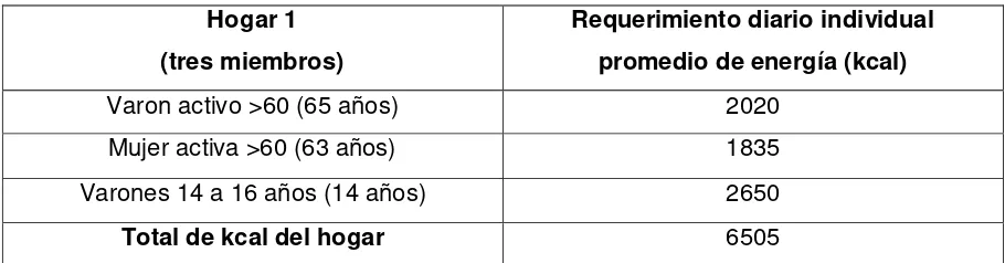 Tabla 5. Cálculo de requerimiento diario individual