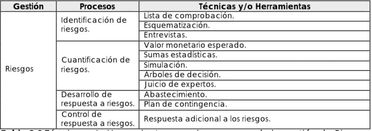 Tabla 3.8 Técnicas y/o Herramientas para los procesos de la gestión de Riesgos 