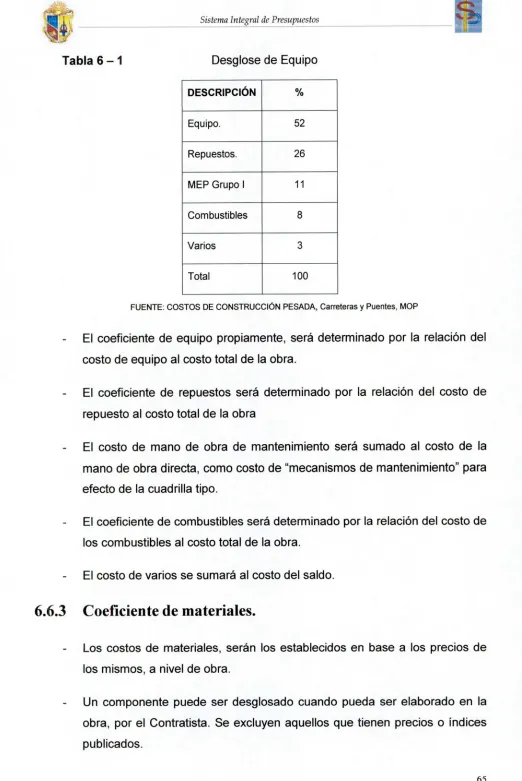 Tabla 6 - 1� Desglose de Equipo