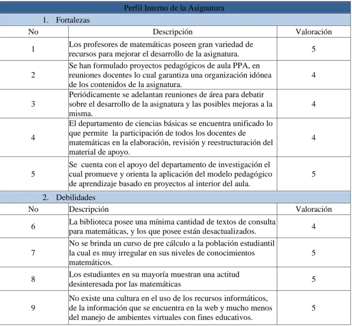 Tabla 6 Tabla Perfil Interno de la Asignatura 