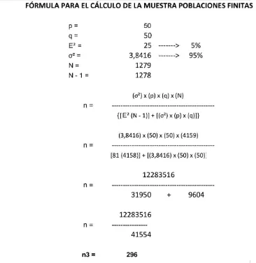 Tabla 1. Fórmula y cálculo de la muestra representativa del universo investigado 