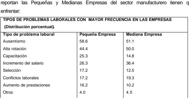 Tabla  2.4 Tipos de problemas laborales que se presentan con mayor frecuencia en las             empresas pequeñas y medianas del sector manufacturero en México (NAFIN, 1993)