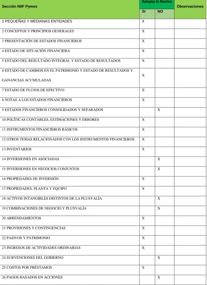 Tabla 5. Tabla Guía Implementación NIIF