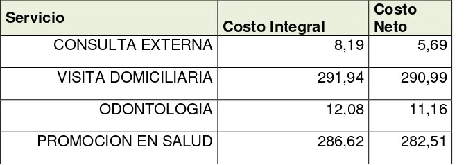 Tabla 13. Costos netos del centro de salud El Tejar  