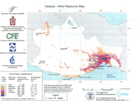 Figura 3.2: Mapa del recurso eólico en Oaxaca. 