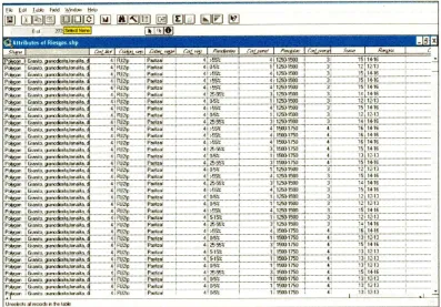 Fig. 7. Matriz de datos en Arcview que muestra las variables en columnas y en las filas cada unidad de