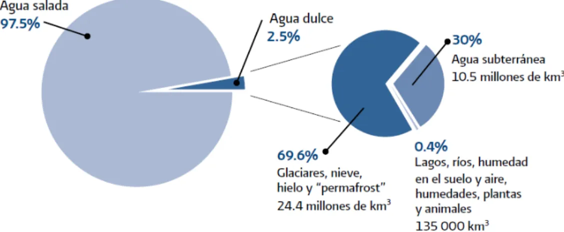 Figura 1-1: Distribución del recurso hídrico a nivel mundial. fuente: (Comisión Nacional del Agua, 2010) 