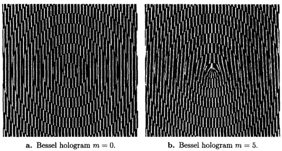 Figure 2.6a-b. Computer-generated holograms of two different Bessel beams, fun- fun-damental and 5th order respectively