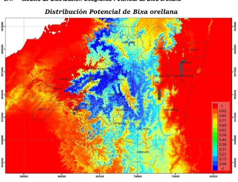 Figura 3. Distribución geográfica potencial de Bixa orellana L. 