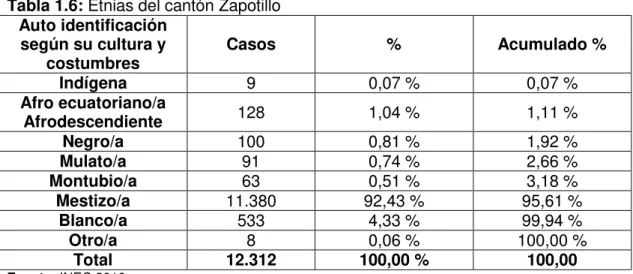 Tabla 1.6: Etnias del cantón Zapotillo  Auto identificación 