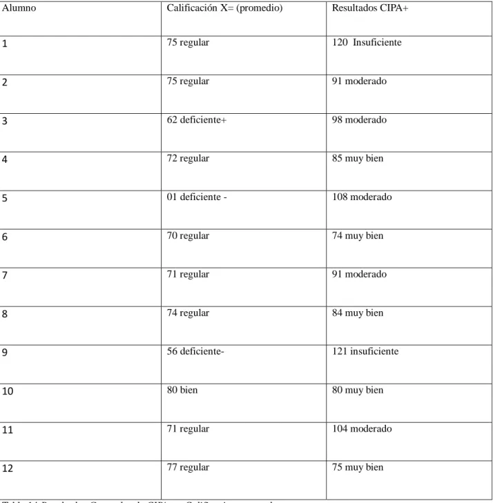 Tabla 14 Resultados Generales de CIPA+ y Calificaciones por alumno grupo uno 